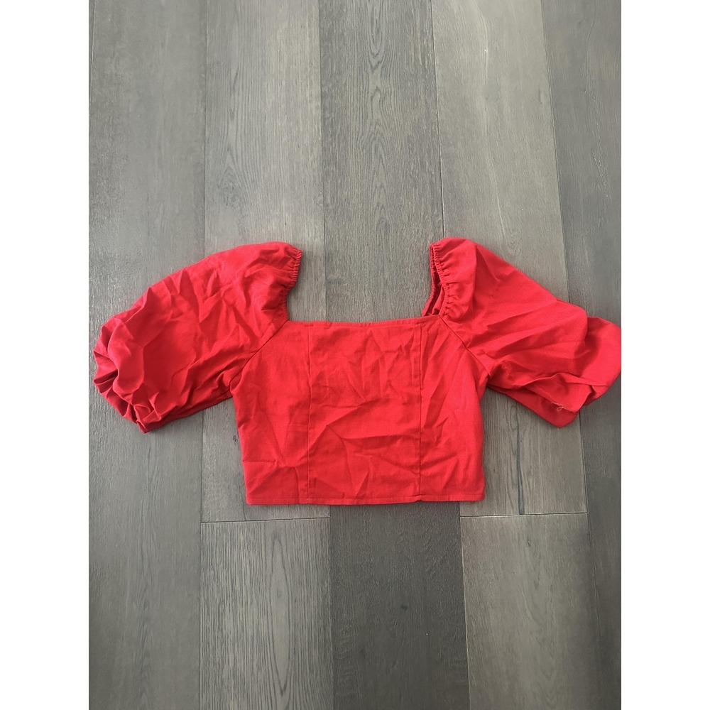 Mi Ami Blouse Womens Large Red Off Shoulder Puff Sleeve Smocked Back Crop Boho